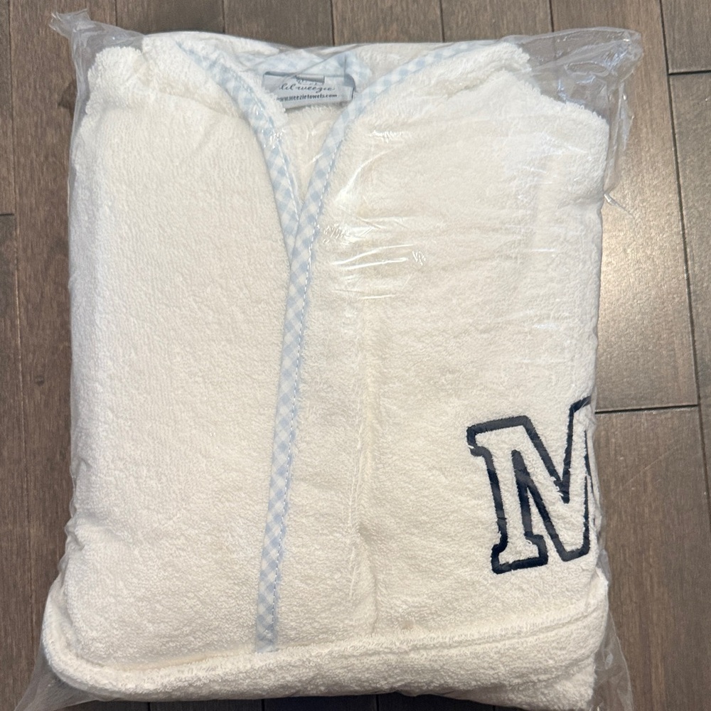 Kids White Hooded Towel Robe with Blue Trim